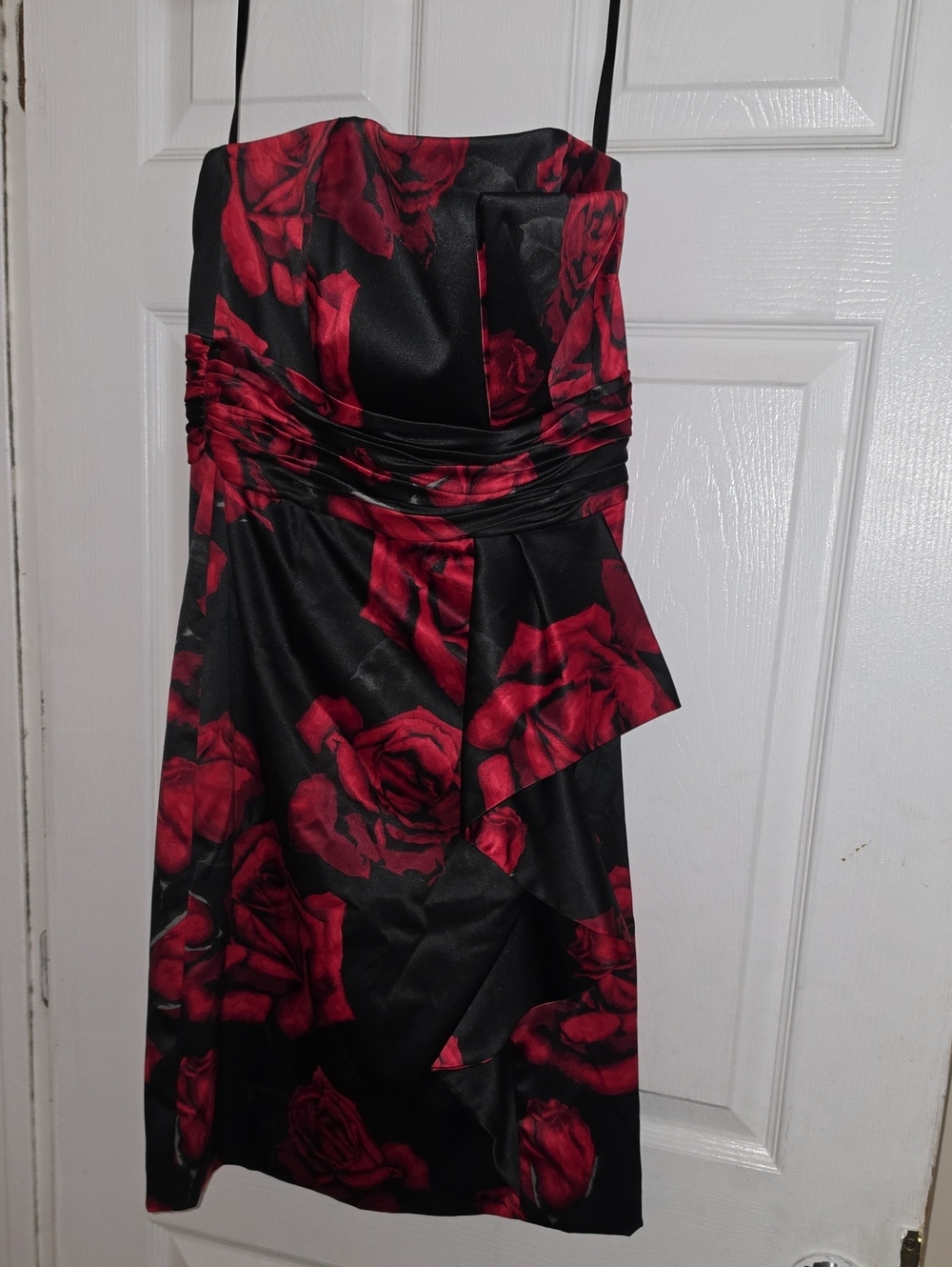 White House Black Market Strapless Black Dress with Red Rose Print